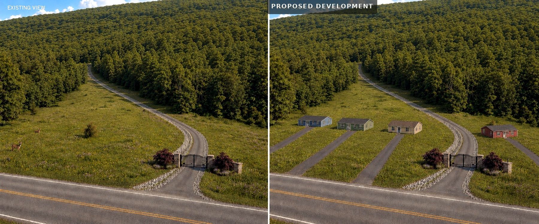 Side-by-side comparison: the current open, gated entrance to the ridge tract on the left, and an illustrative depiction of four houses added along the driveway on the right